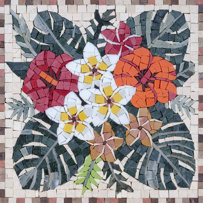 Tropical Flowers - Square Marble Mosaic Wall Art - Mesh Backing