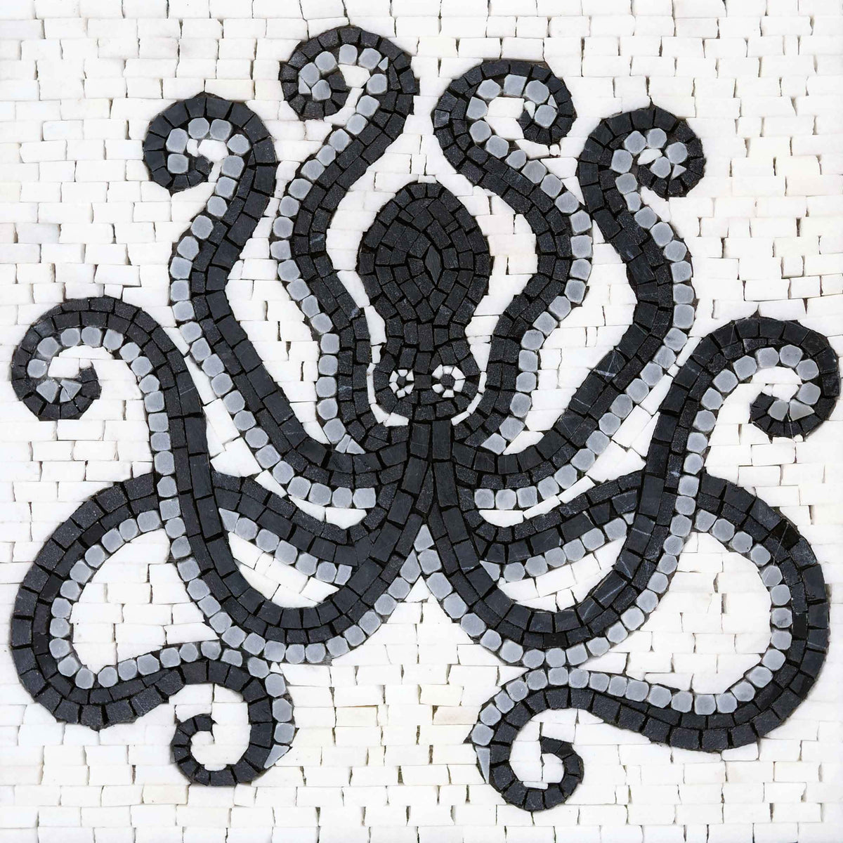 Black & White Octopus – Marine Life Marble Mosaic Wall Art - Mesh Backing