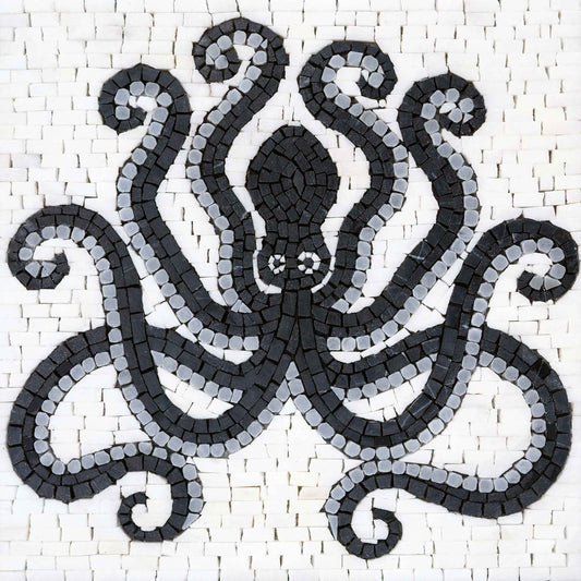 Black & White Octopus – Marine Life Marble Mosaic Wall Art - Mesh Backing