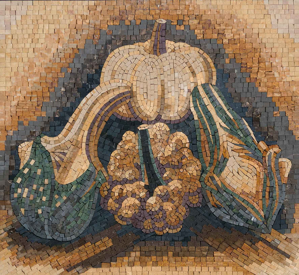 Harvest Pumpkin & Gourds Still Life – Autumn Marble Mosaic Kitchen Backsplash - Mesh Backing
