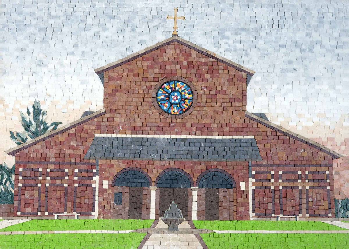 Church Facade with Rose Window & Fountain – Brick Red Marble Mosaic Wall Art - Mesh Backing