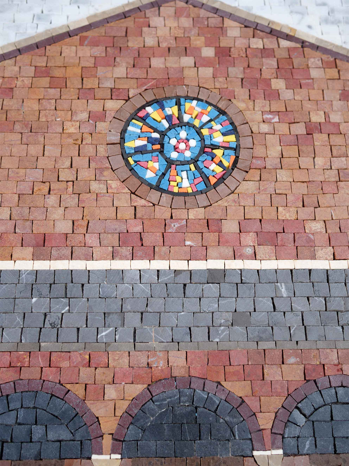 Church Facade with Rose Window & Fountain – Brick Red Marble Mosaic Wall Art - Mesh Backing