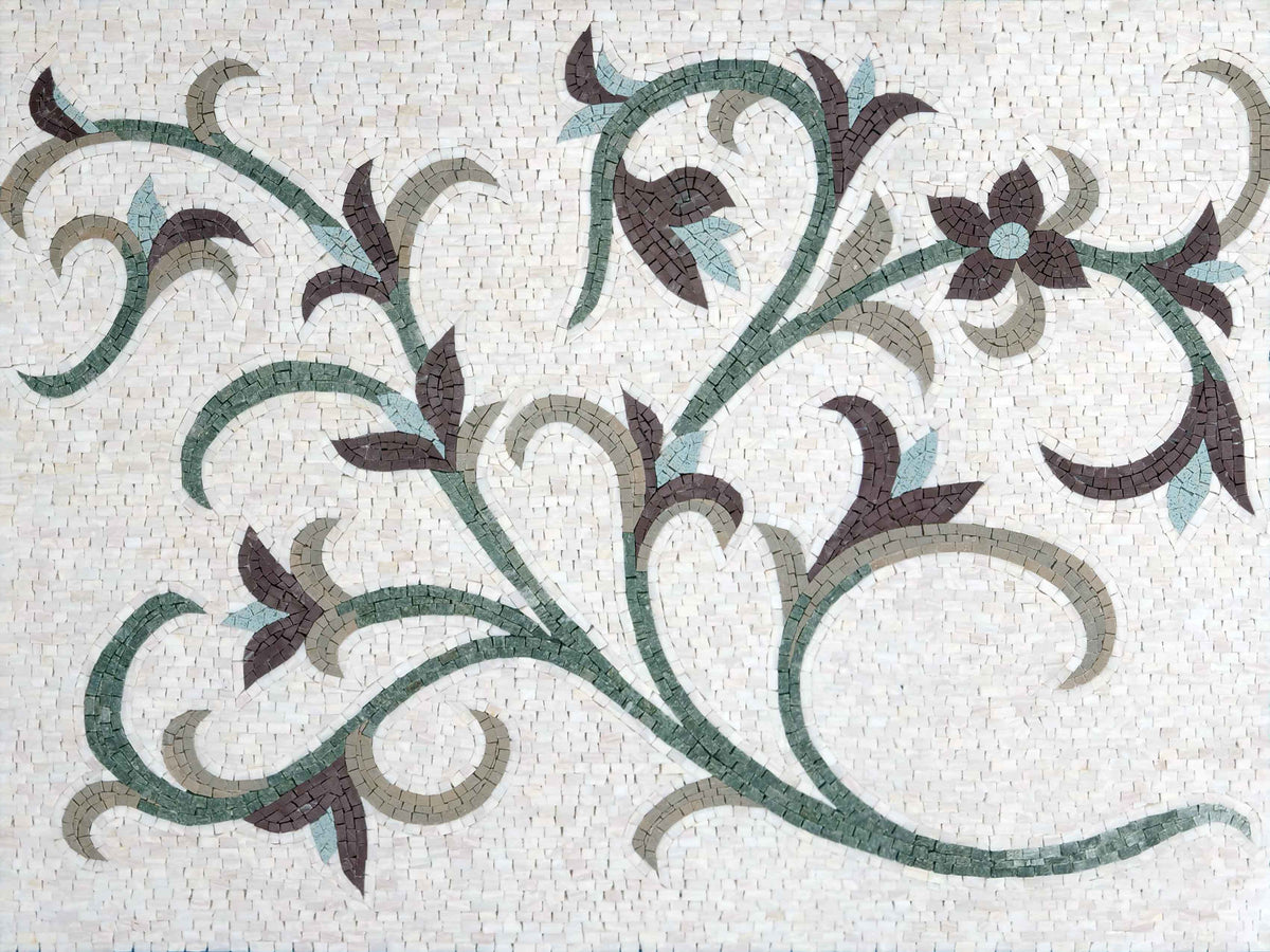 Floral Scrollwork Vine – Green & Plum Marble Mosaic Wall Art - Mesh Backing