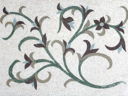 Floral Scrollwork Vine – Green & Plum Marble Mosaic Wall Art - Mesh Backing