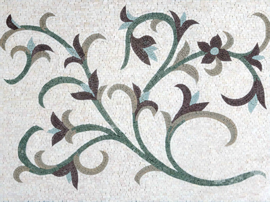 Floral Scrollwork Vine – Green & Plum Marble Mosaic Wall Art - Mesh Backing