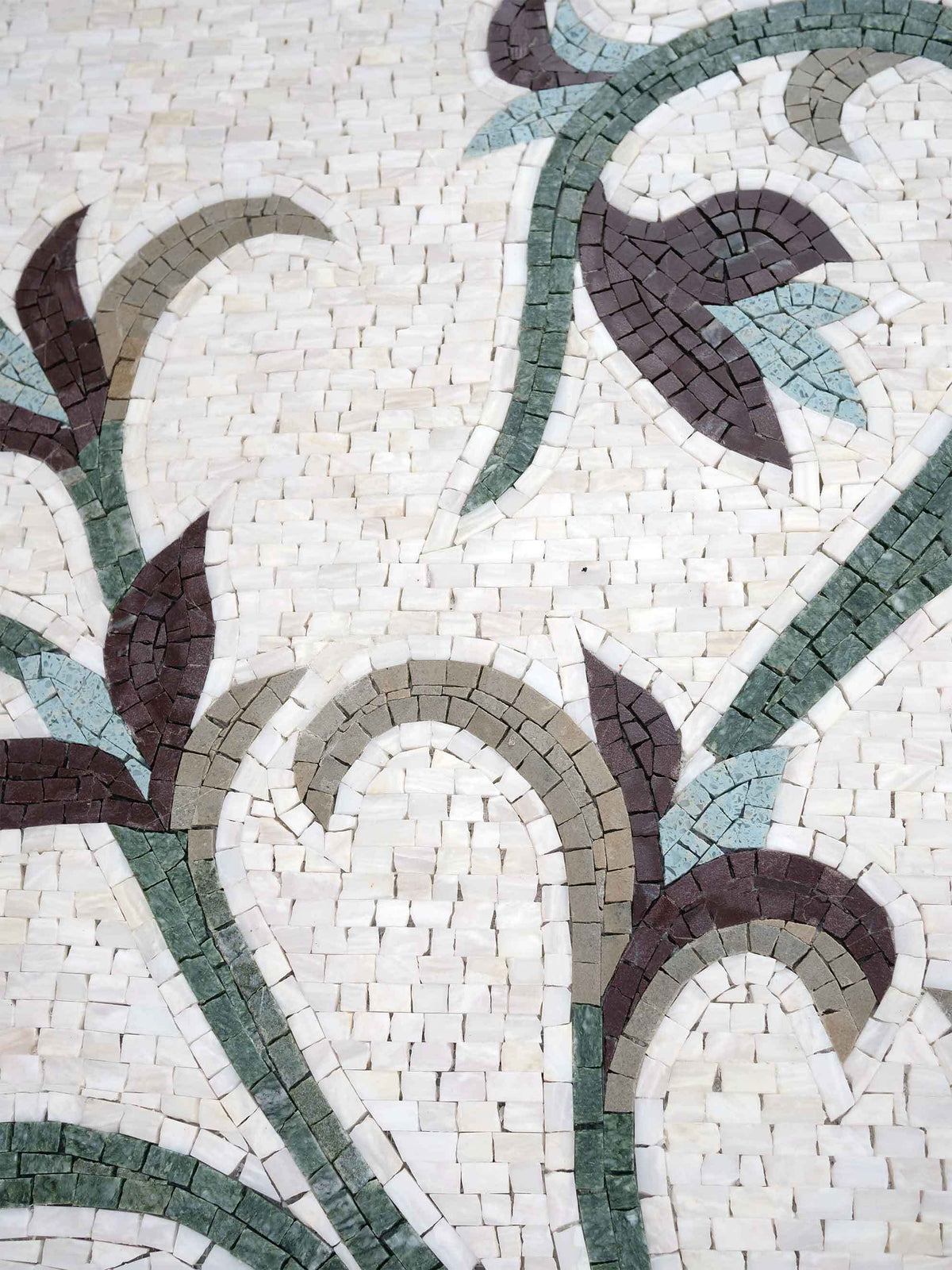 Floral Scrollwork Vine – Green & Plum Marble Mosaic Wall Art - Mesh Backing