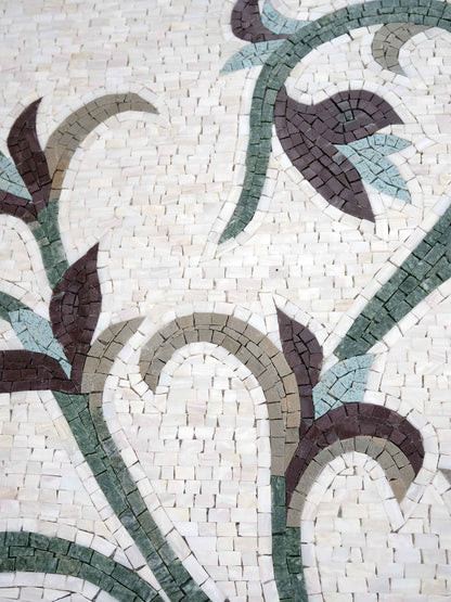 Floral Scrollwork Vine – Green & Plum Marble Mosaic Wall Art - Mesh Backing