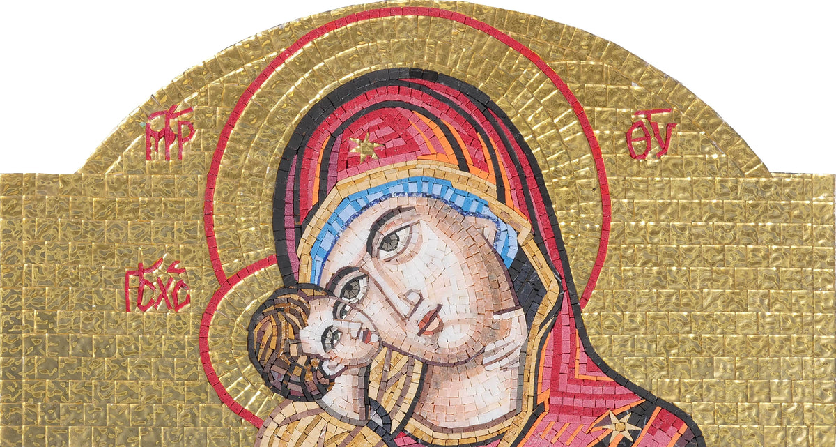 Virgin Mary & Christ Child Byzantine Icon – Gold Arched Marble Mosaic Wall Art - Mesh Backing