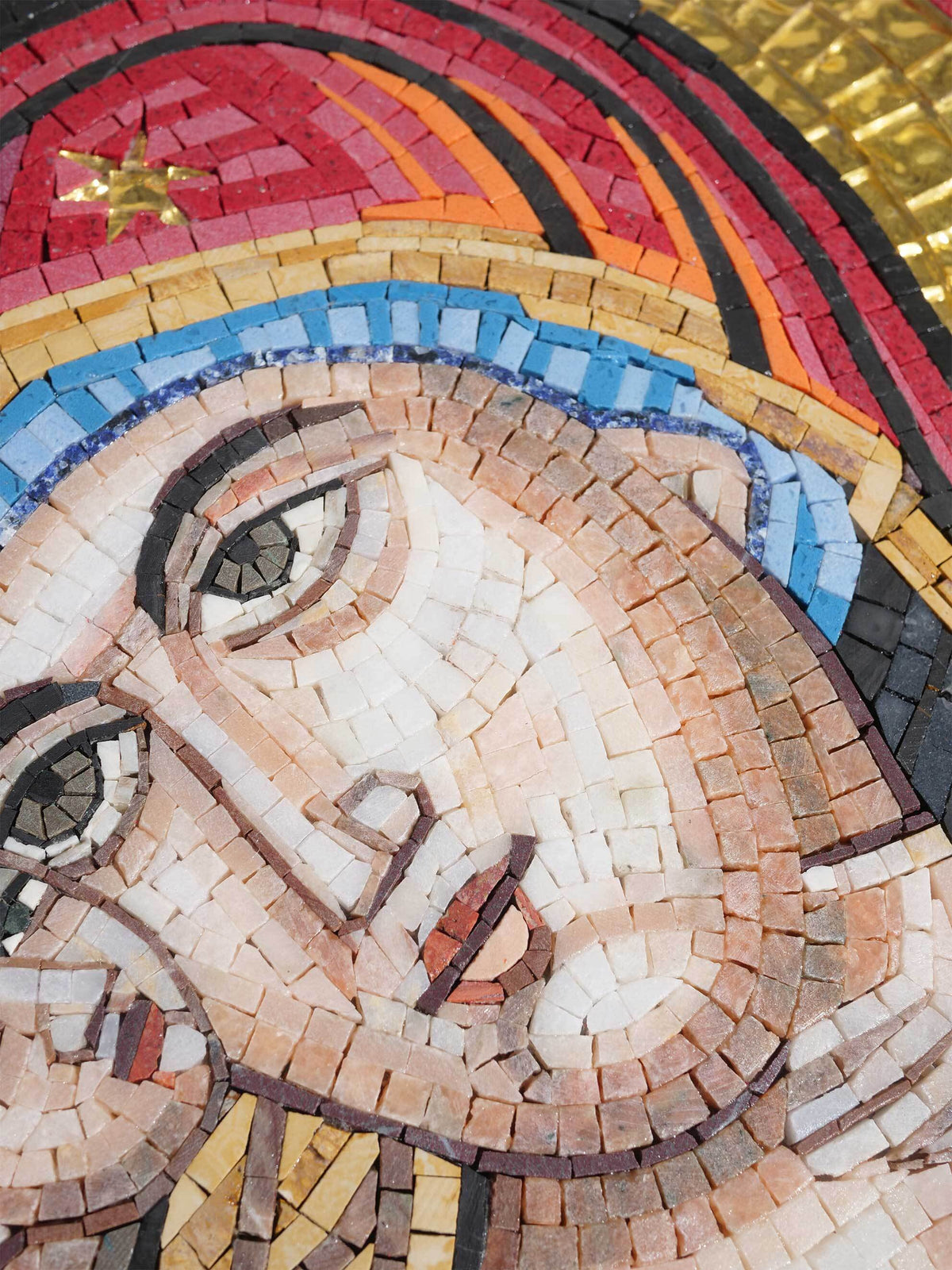 Virgin Mary & Christ Child Byzantine Icon – Gold Arched Marble Mosaic Wall Art - Mesh Backing