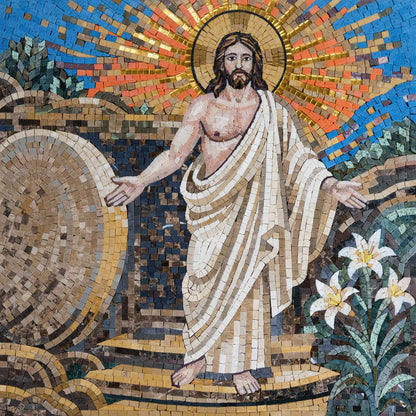 Resurrection of Christ with Easter Lilies – Christian Marble Mosaic Wall Art - Mesh Backing