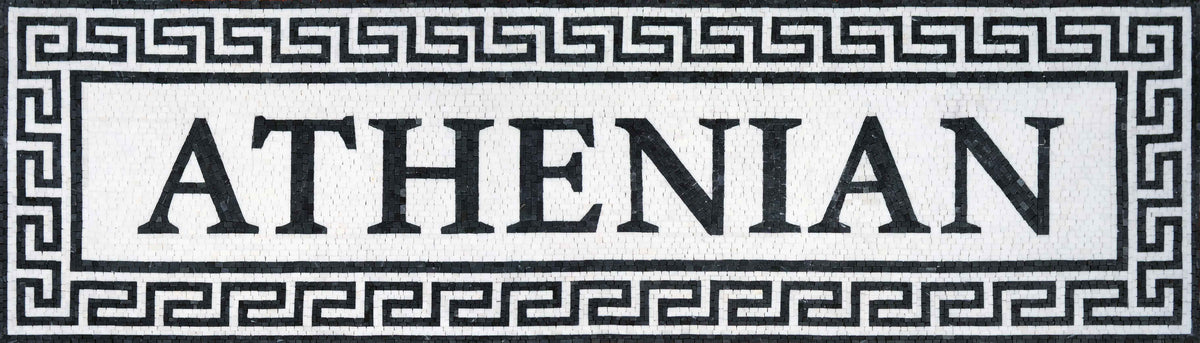 Athenian Custom Name Sign with Greek Key Border – Black & White Marble Mosaic Wall Art - Mesh Backing