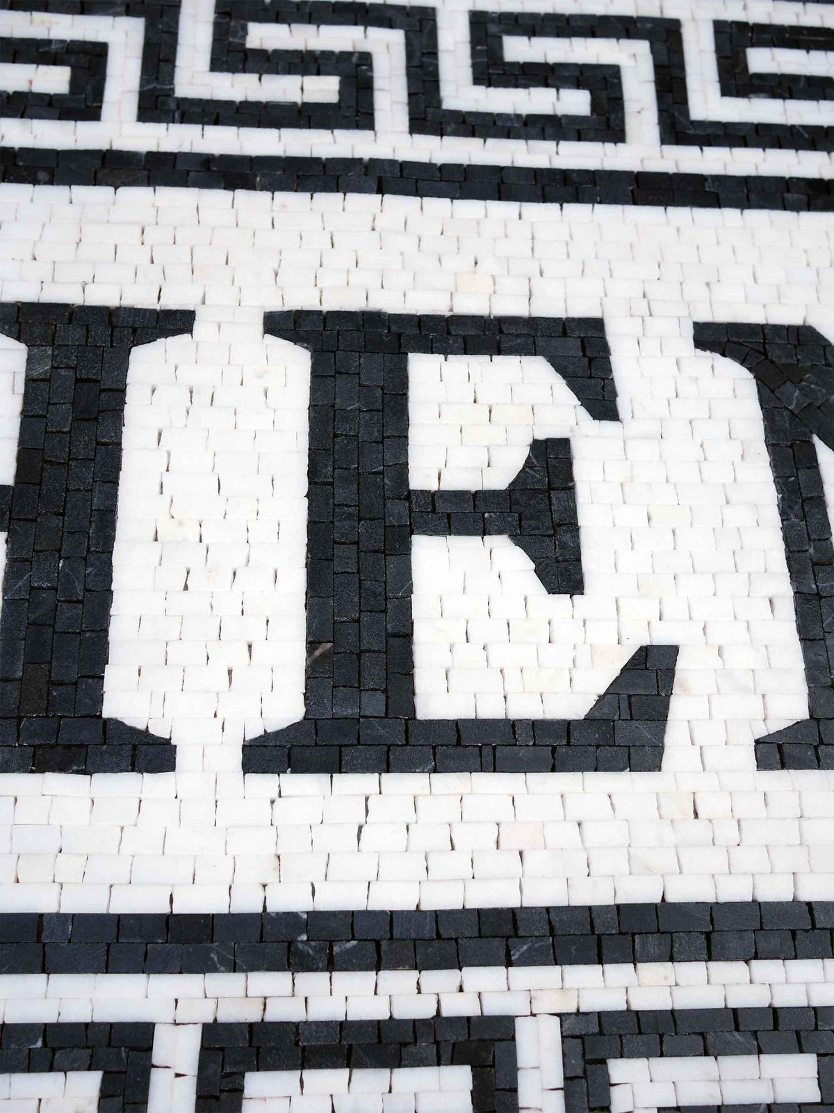 Athenian Custom Name Sign with Greek Key Border – Black & White Marble Mosaic Wall Art - Mesh Backing