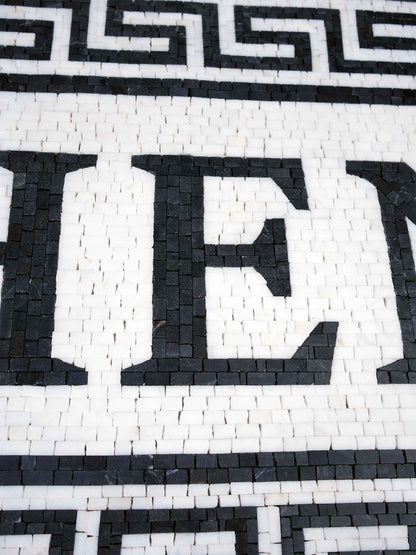 Athenian Custom Name Sign with Greek Key Border – Black & White Marble Mosaic Wall Art - Mesh Backing