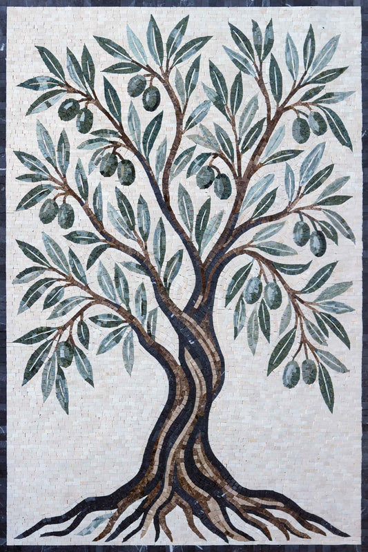 Olive Tree with Ripe Olives – Green & Cream Marble Mosaic Wall Art - Mesh Backing