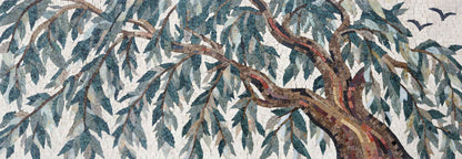 Weeping Willow Tree with Flying Birds – Green Marble Mosaic Wall Art - Mesh Backing