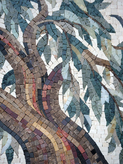 Weeping Willow Tree with Flying Birds – Green Marble Mosaic Wall Art - Mesh Backing