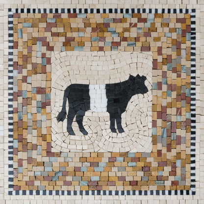 Belted Cow in Framed Border – Black & White Marble Mosaic Wall Art - Mesh Backing
