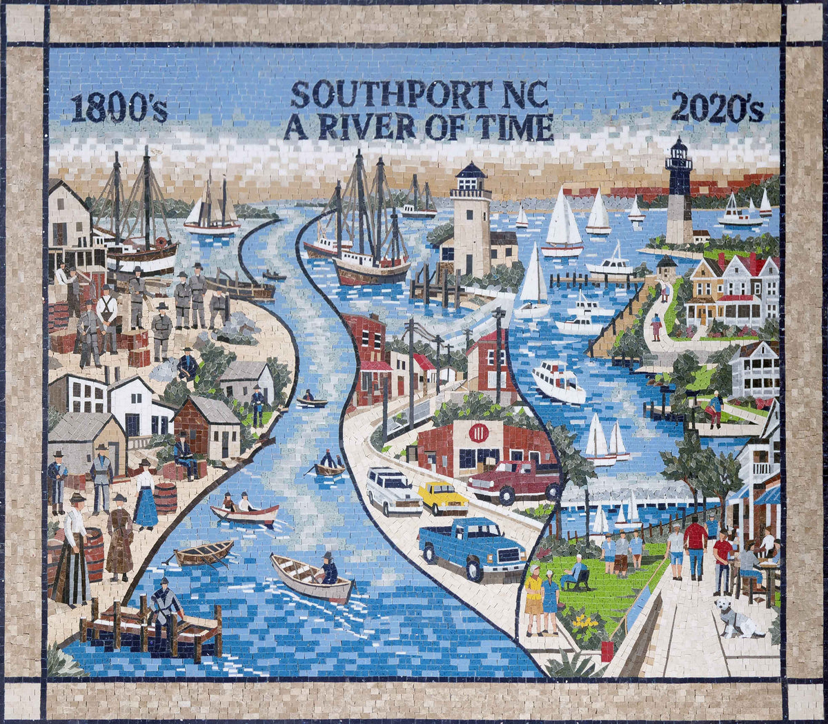 Southport NC A River of Time – Historic Harbor Scene Marble Mosaic Wall Art - Mesh Backing
