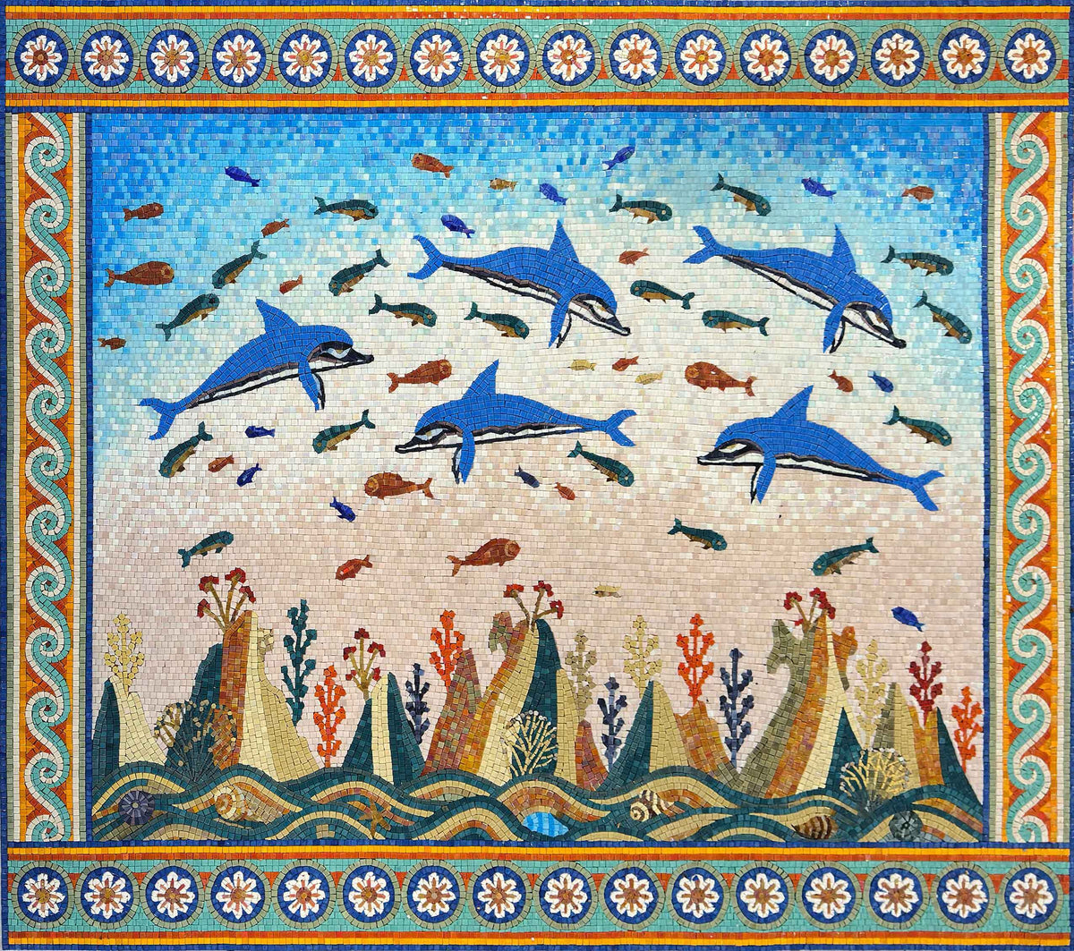 Dolphins & Coral Reef – Mediterranean Glass Mosaic Wall Art - Mesh Backing