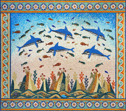 Dolphins & Coral Reef – Mediterranean Glass Mosaic Wall Art - Mesh Backing