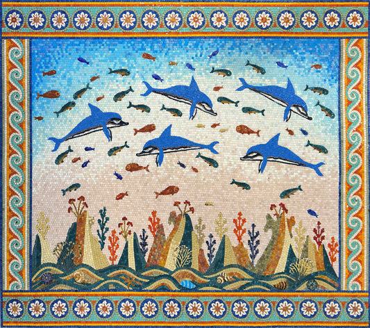 Dolphins & Coral Reef – Mediterranean Glass Mosaic Wall Art - Mesh Backing