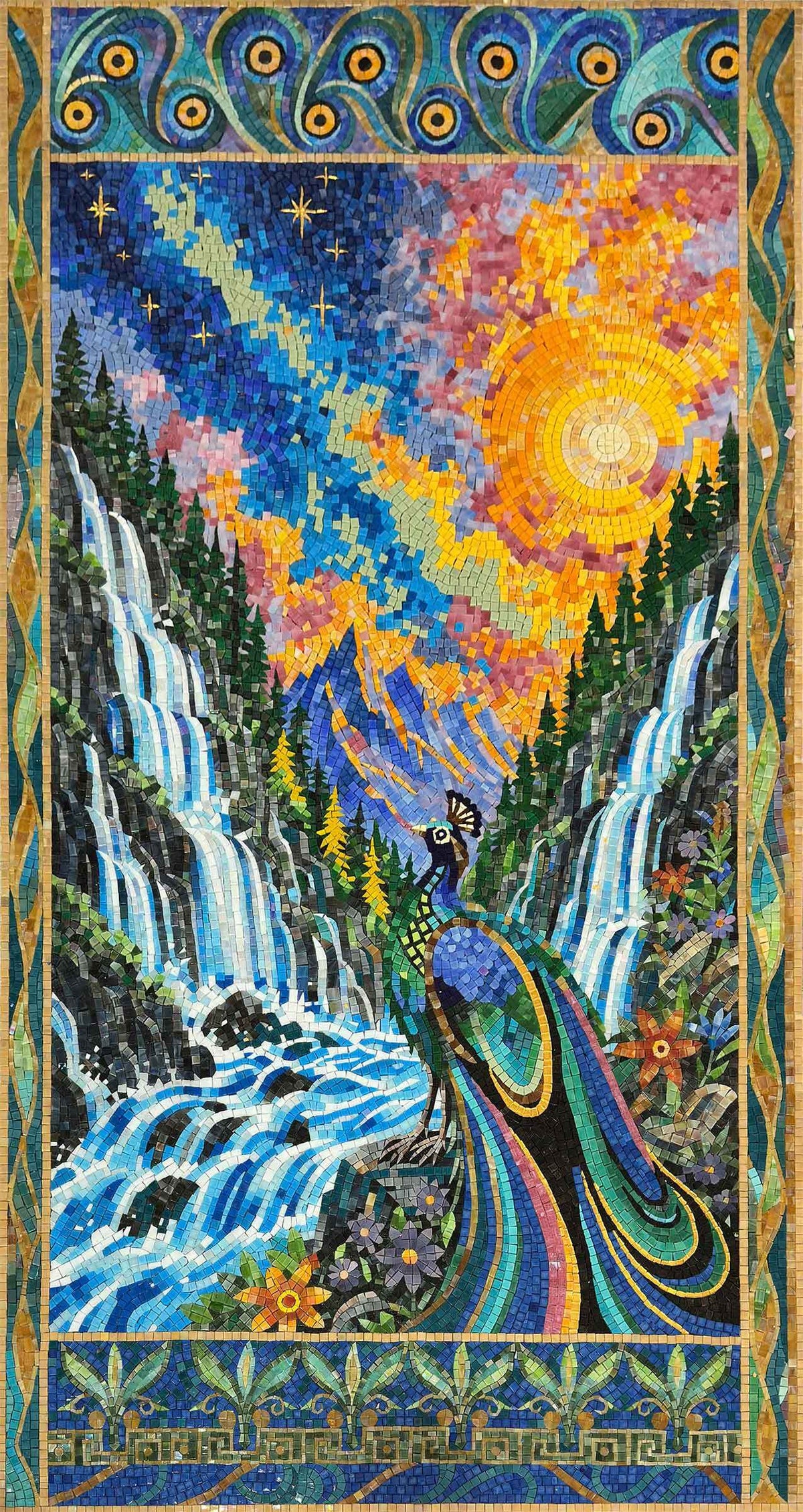 Peacock at the Waterfall – Sun & Stars Glass Mosaic Wall Art - Mesh Backing