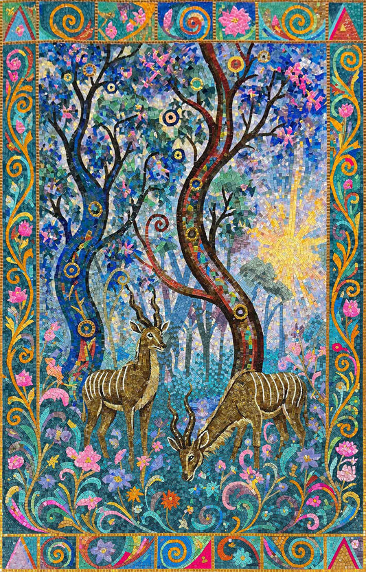 Antelopes in Enchanted Forest – Whimsical Glass Mosaic Wall Art - Mesh Backing
