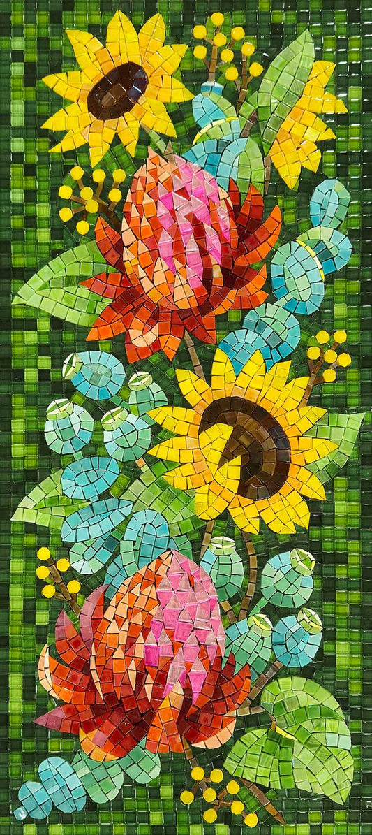 Sunflower & Protea Mosaic – Red & Yellow Floral Glass Mosaic Wall Art | Mesh Backing