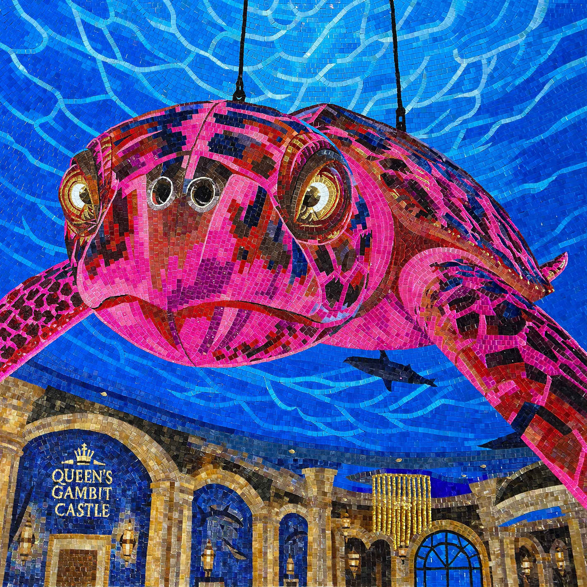 Queen's Gambit Castle Custom Turtle Mural – Fantasy Underwater Glass Mosaic Wall Art - Mesh Backing