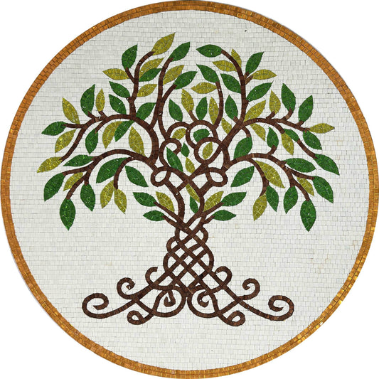 Tree of Life Medallion – Green Round Glass Mosaic Wall Art - Mesh Backing