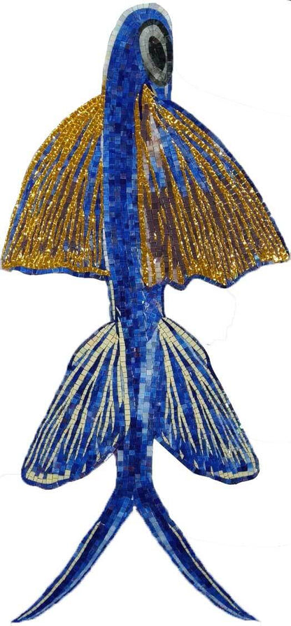 Handmade Natural Marble Flying Fish Mosaic | Glitter Gold & Blue Aquatic Wall Art