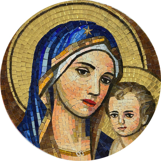 Madonna and Child Icon – Byzantine Gold Glass Mosaic Medallion - Mesh Backing