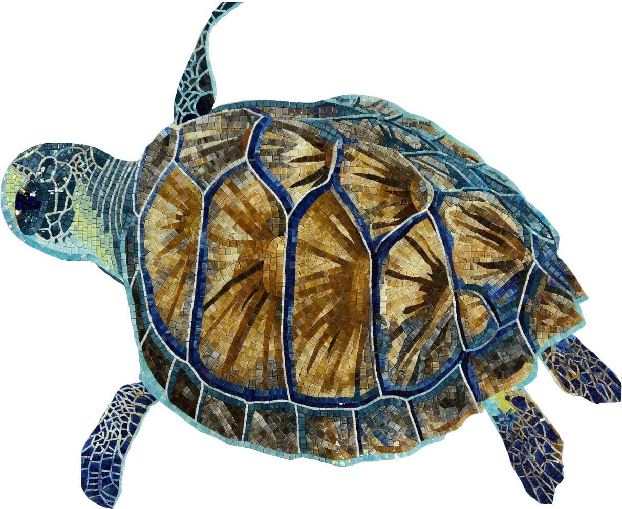 Handmade Natural Marble Sea Turtle Mosaic Mural | Ocean Aquatic Animal Wall Art