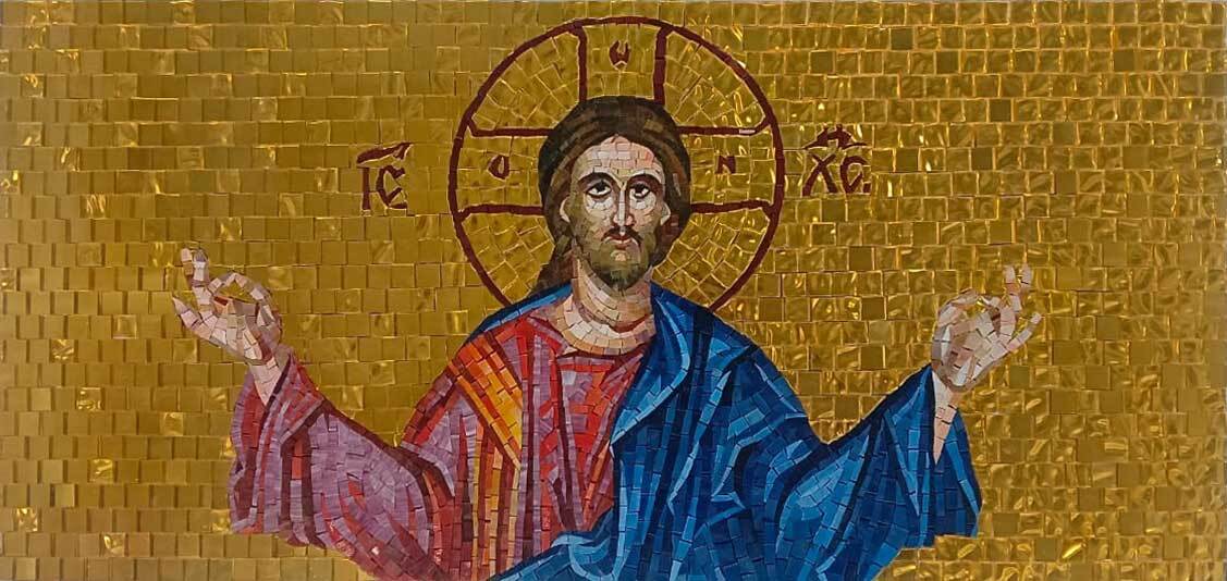 Christ Pantocrator Byzantine Icon – Handmade Gold Glass Mosaic Art - Mesh Backing