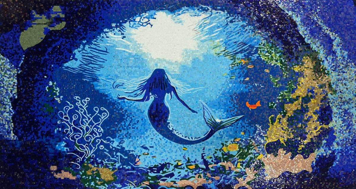 Mermaid Mosaic - Blue Glass Kitchen Backsplash - Mesh Backing