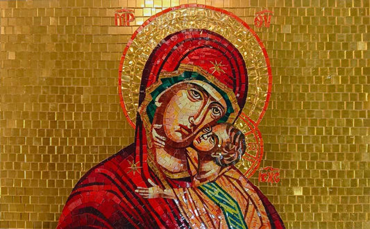 Virgin Mary & Child Byzantine Icon – Handmade Gold Glass Mosaic Art - Mesh Backing