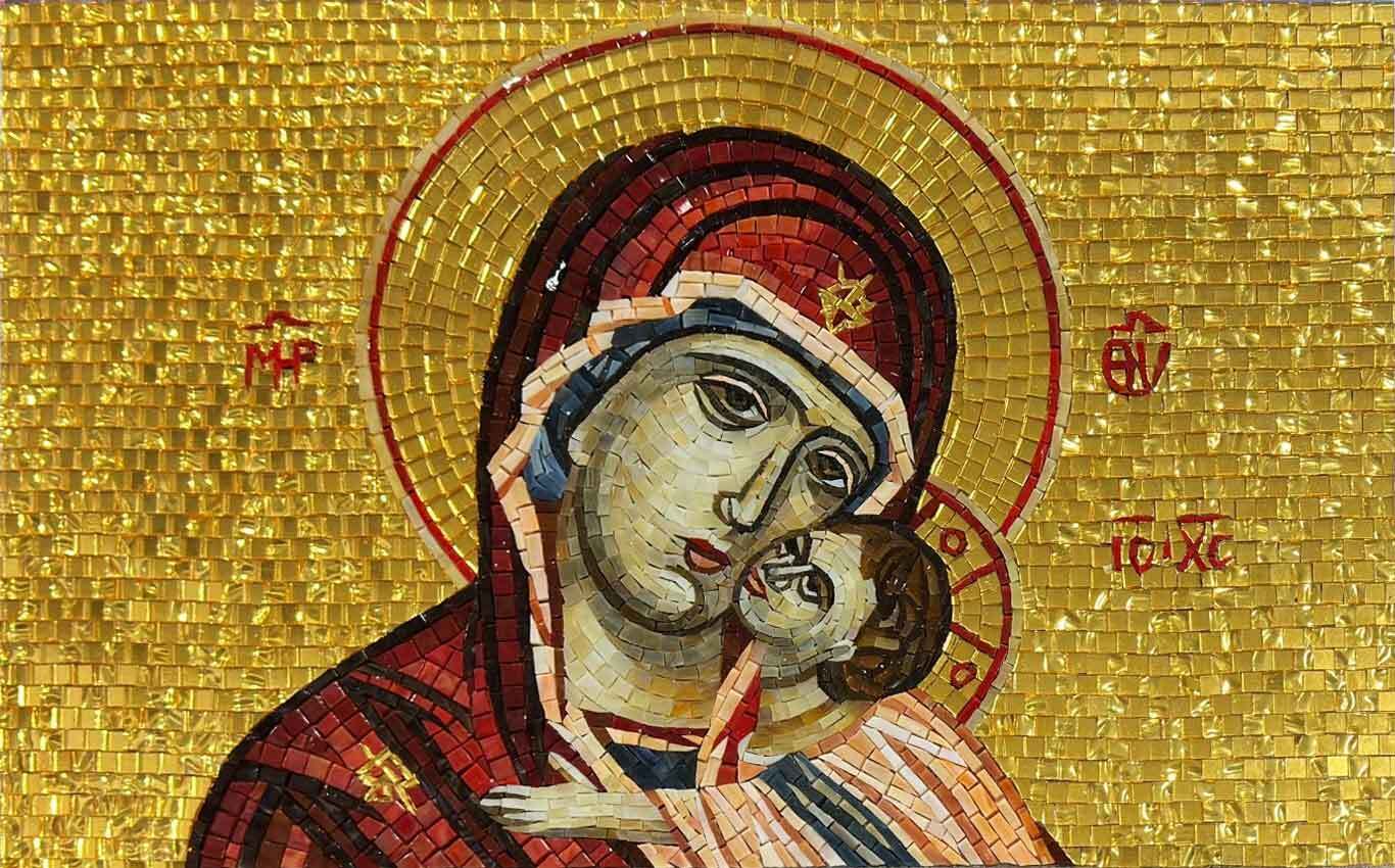 Virgin Mary & Christ Child Vladimir Icon – Byzantine Gold Glass Mosaic Wall Art - Mesh Backing