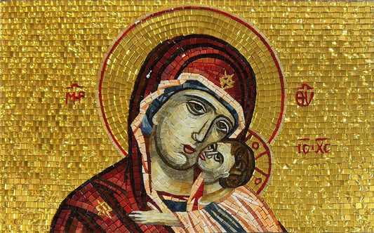 Virgin Mary & Christ Child Vladimir Icon – Byzantine Gold Glass Mosaic Wall Art - Mesh Backing