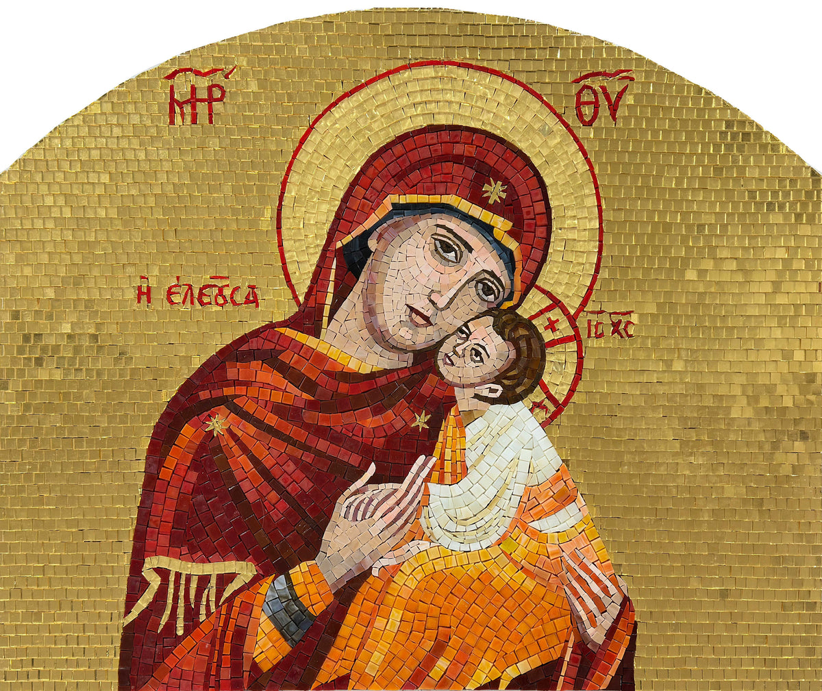 Panagia Eleousa Icon – Byzantine Gold Glass Mosaic Wall Art - Mesh Backing