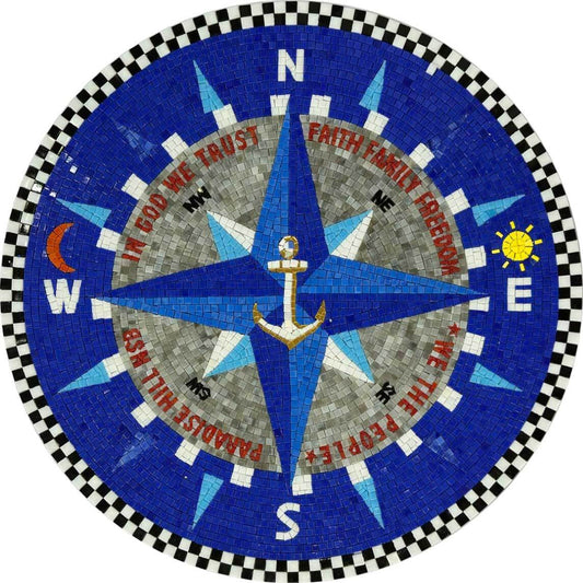 Handmade Natural Marble Compass Rose Mosaic Medallion | Custom Nautical Anchor Floor Inlay