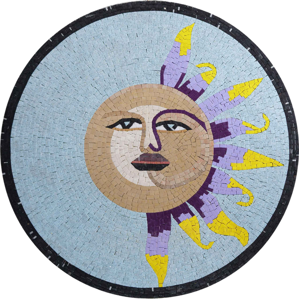 Half Sun Face Medallion - Marble Mosaic Foyer Decor - Mesh Backing