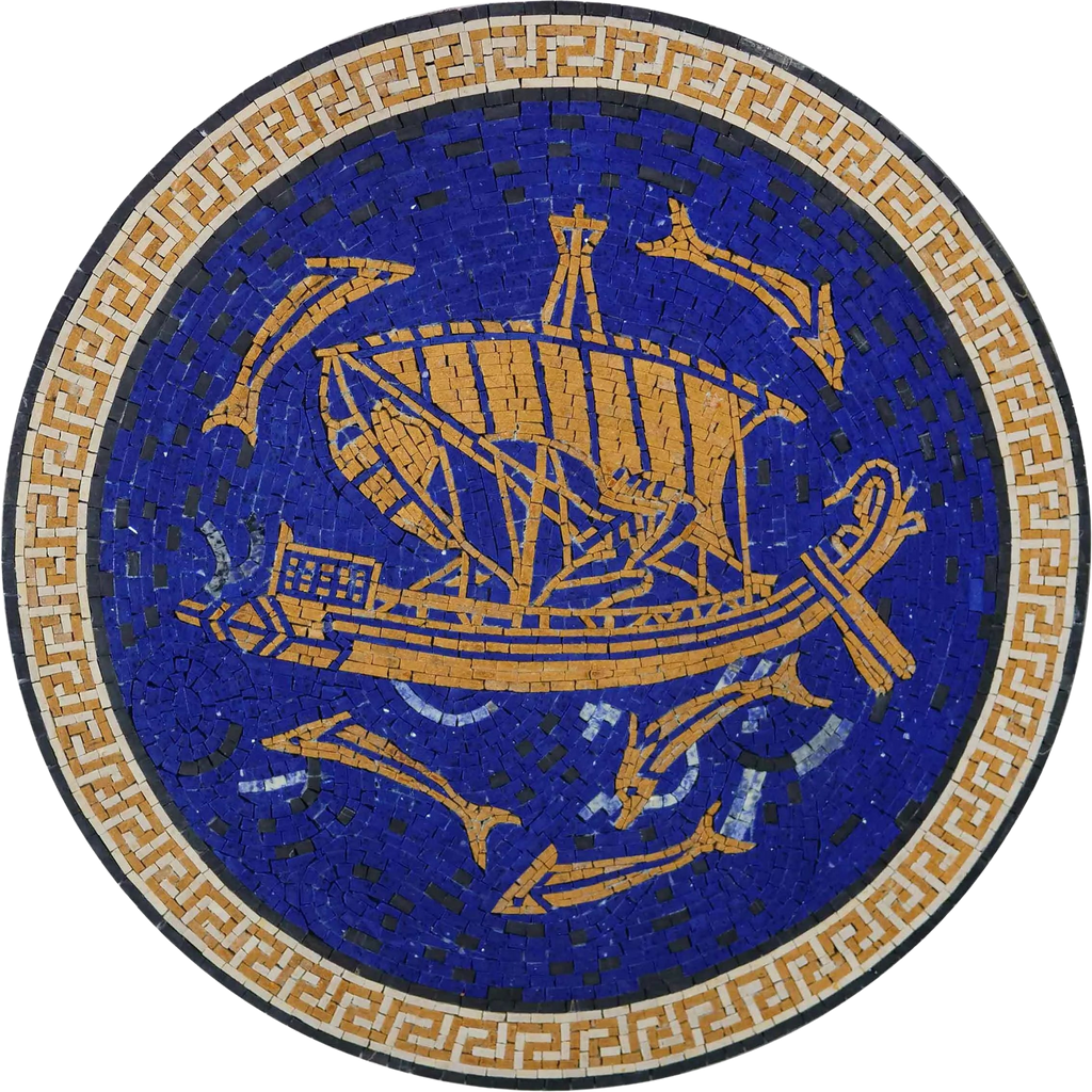 Древняя мозаика - римский корабль и дельфины