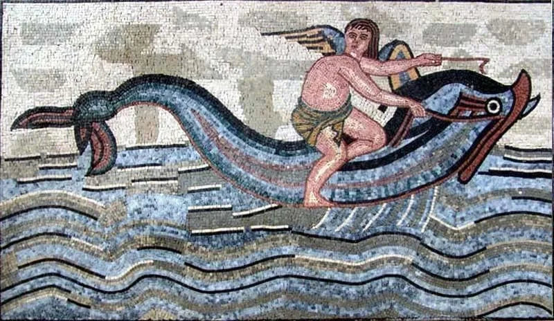 Ange chevauchant un dauphin mosaïque murale