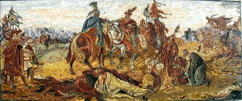 Mármol de mosaico de escena de batalla