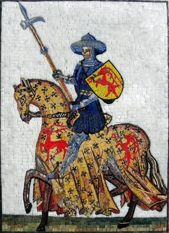 Murale del mosaico di pietra del guerriero del cavallo