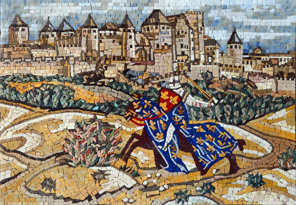 Mosaico in marmo riproduzione villaggio medievale