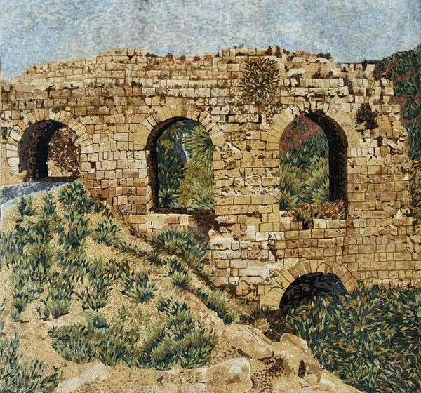 Arched Stone Structure - Mosaic Art Roman Ruins Nature Mural - Mesh Backing