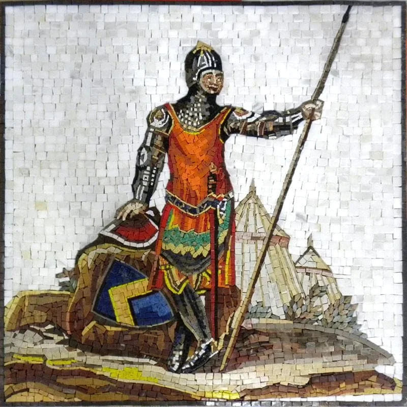Солдат с мозаичным панно из камня вала
