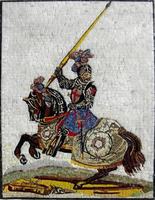 Mural de mosaico de piedra de guerrero espartano con lanza