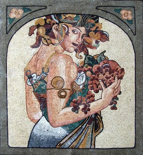 Woman Carrying Fruits - Marble Mosaic Mural Art - Mesh Backing